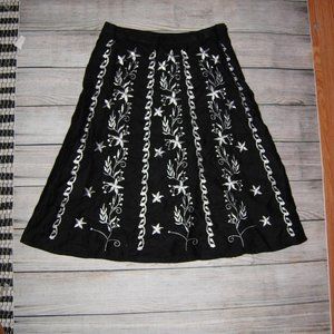 Lucy & Laurel Black Embroidered Linen A-Line Skirt 6